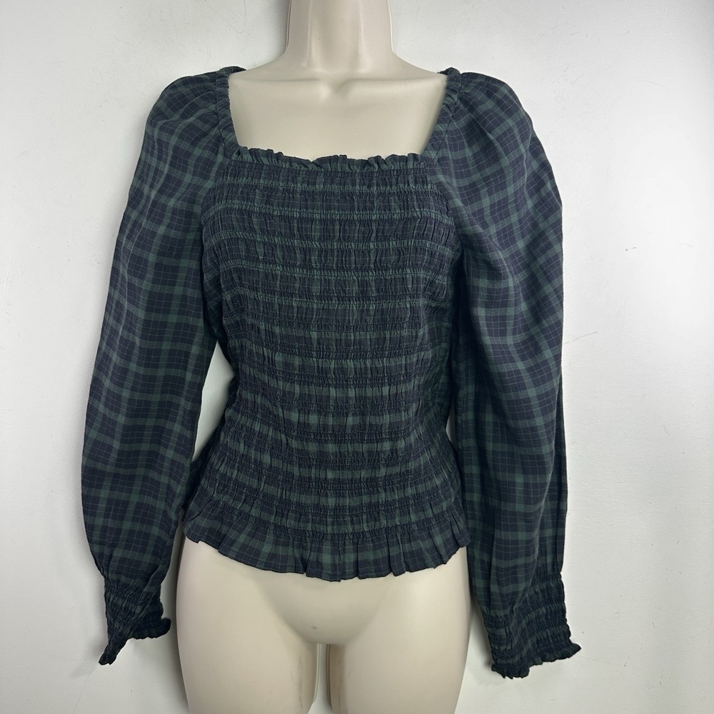 Madewell 100% Cotton Lucie Bubble-Sleeve Smocked Top in Plaid Forest Size S
